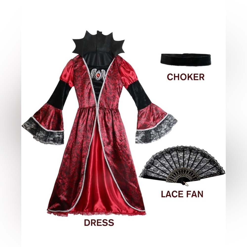 Girl Vampire Costume Size 10-12Y Princess Red Dress Gown Halloween Cosplay Goth